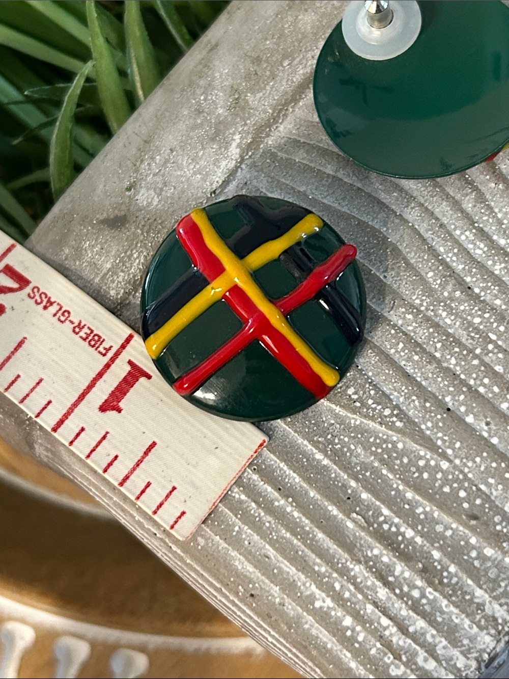 Vintage Round Green Enamel post-back Earrings with Red & Yellow crosshatches - Picture 4 of 5